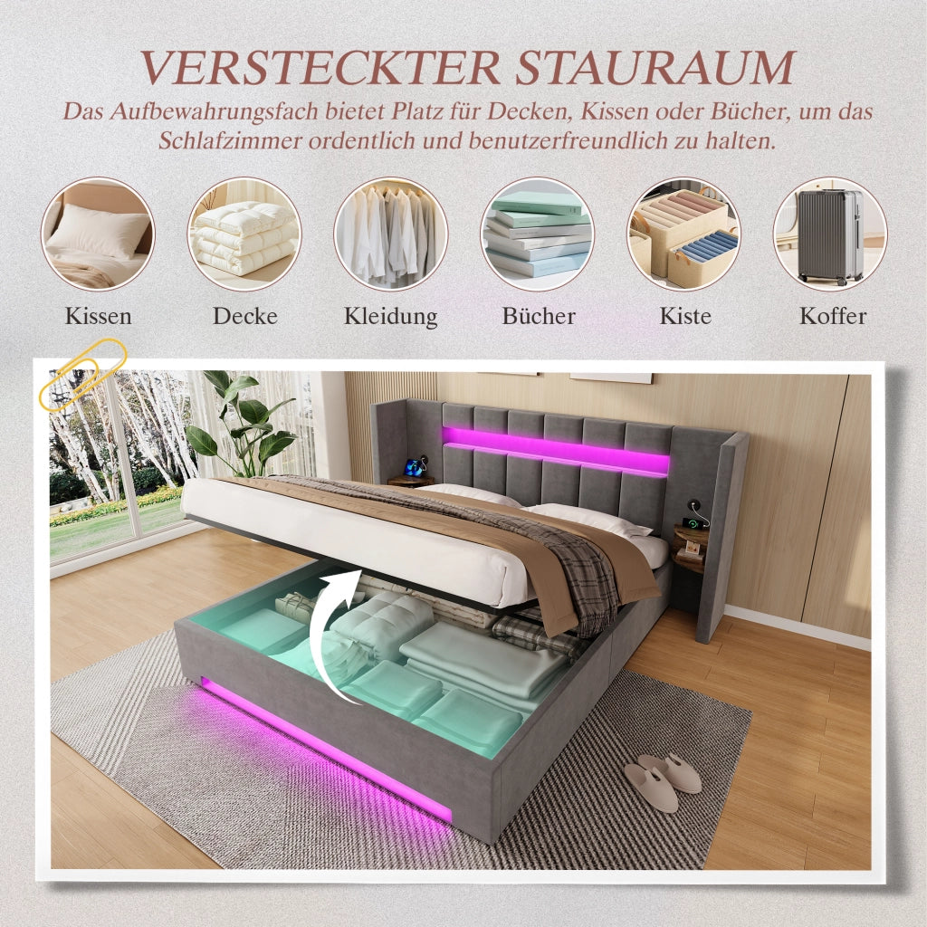 LETTO imbottito 180x200 cm in velluto grigio scuro con USB, LED e contenitore
