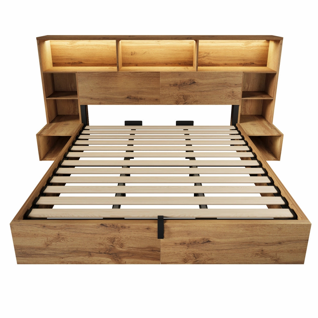 Letto contenitore 180x200 cm con LED, USB-C e comodini integrati in MDF e metallo, rovere