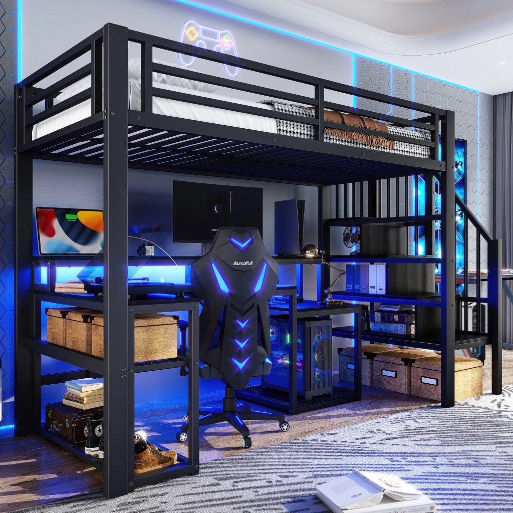 Letto a castello nero in metallo con funzione scrivania e illuminazione LED 90x200 cm