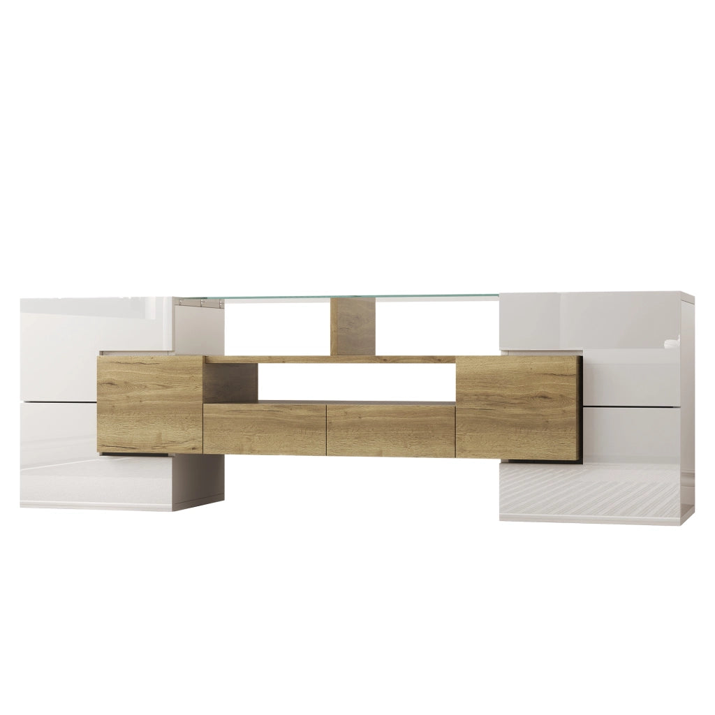 Mobile TV con 6 Ante; 2 Cassetti e LED Multicolore; Bianco Lucido e Oro; 145??30??51 cm; in Pannello Truciolare