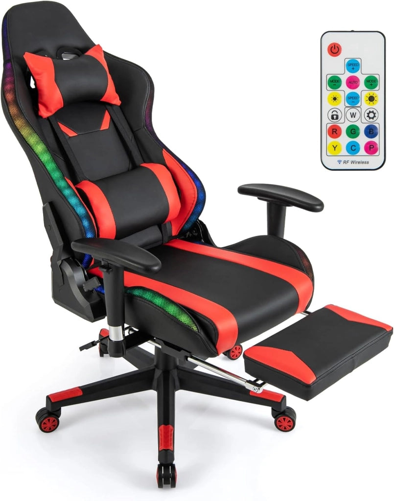 Sedia da Gioco Girevole a 360° con Schienale Reclinabile, Altezza Regolabile e Braccioli Girevoli, Luci Colorate, Poggiapiedi Retrattile, Poggiatesta e Cuscino Lombare, 3 Colori (blu)