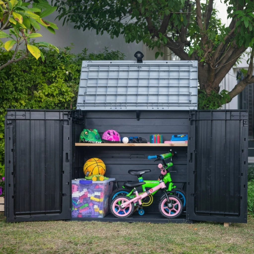 Armadio da esterno Gander, Mobile outdoor, Mobiletto giardino multiuso, Contenitore per balcone o garage, 132x72 h114 cm, Nero