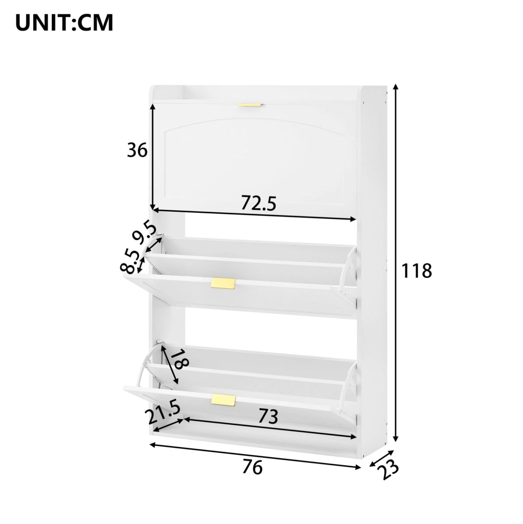 Mobile porta scarpe stretto a 3 livelli 76x23x118 cm in pannello truciolare bianco