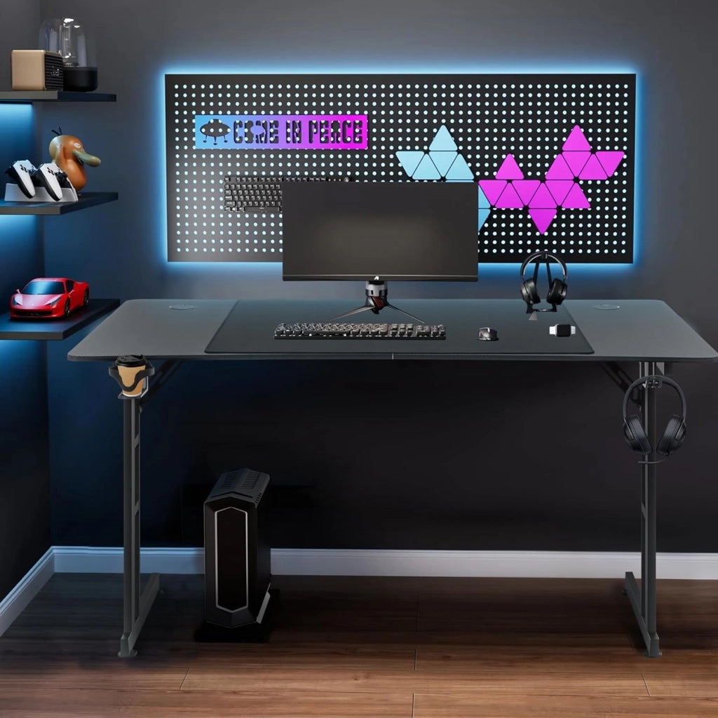 Tavolo da gioco, 160 x 60 cm, altezza regolabile, con foro e supporto per cuffie e tazze, in fibra di carbonio, ergonomico, PC