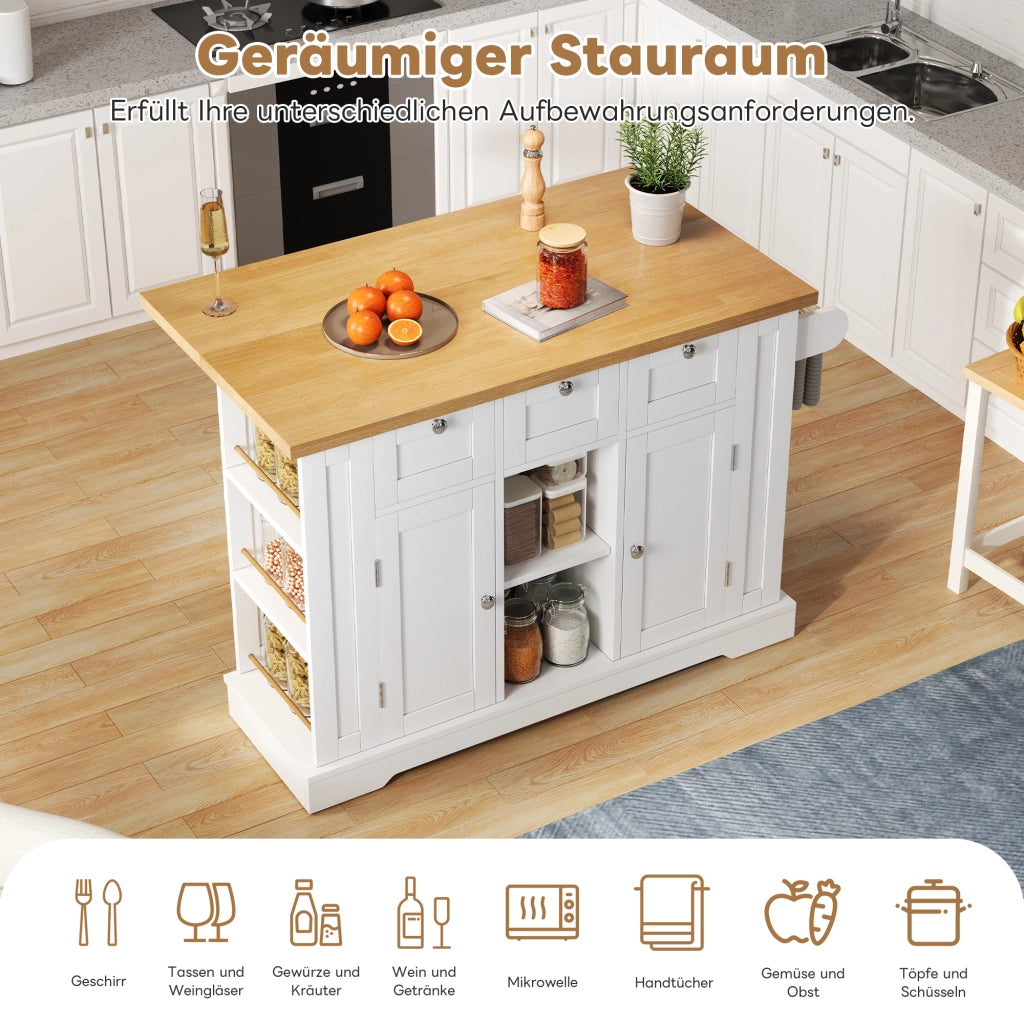 TAVOLO Cucina mobile con piano ribaltabile e presa USB 132x40/70x87 cm Bianco/Naturale
