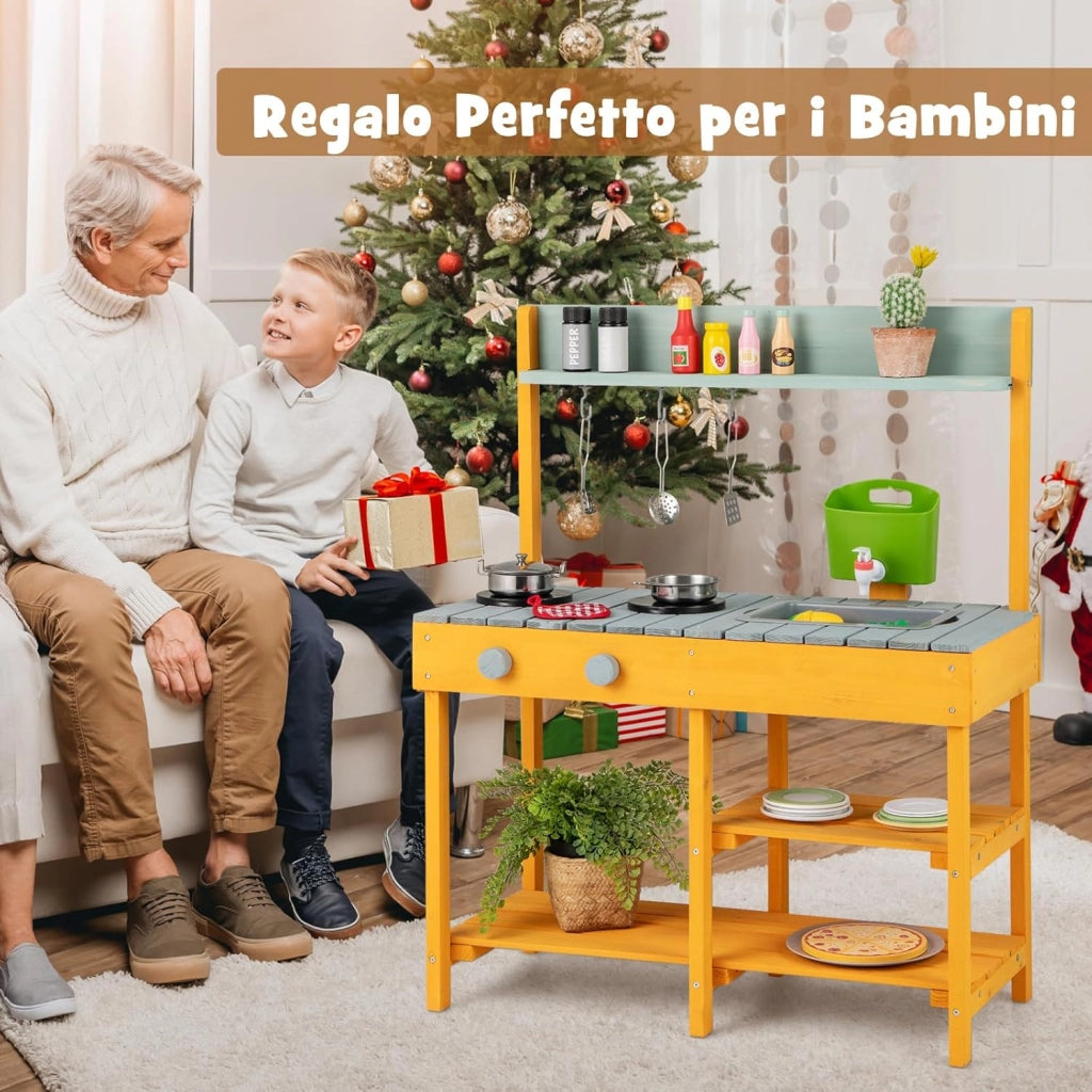 Cucina Giocattolo per Giardino in Legno di Abete, Cucina per Bambini con Serbatoio dell'Acqua e Lavello Rimovibili, 3 Ripiani Aperti, Funzione Suoni, per Bambini 3+ Anni (Arancione e Azzurro)