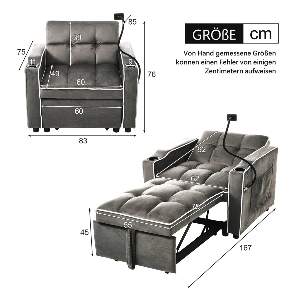 Poltrona letto estraibile 3 in 1 in velluto grigio scuro
