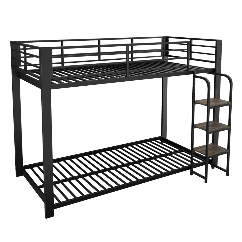 Letto a castello 90x200 cm in metallo e MDF; nero; con scala ampia e protezione anticaduta