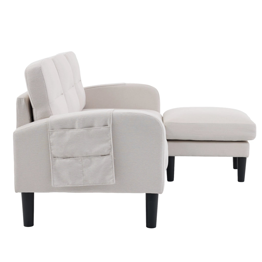 Divano angolare a L 3 posti con chaise longue e tasche laterali, beige, 204x136x80 cm