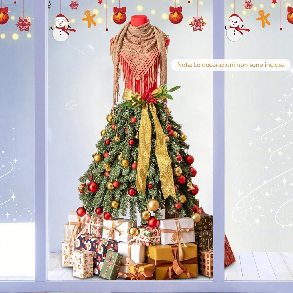 Albero di Natale Artificiale 150 cm con Manichino Pre-Illuminato, Albero di Natale a Forma di Abito con 248 Punte di Rami, 100 Luci a LED Bianche Calde, Sciarpa Rimovibile