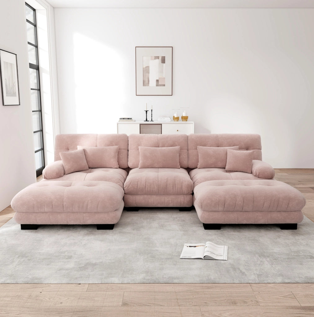 Divano modulare con ottomane mobili in ciniglia rosa