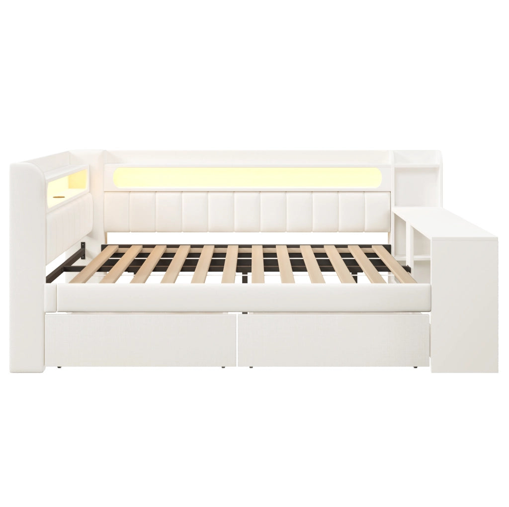 Daybed imbottito 140x200 cm con LED, porte USB, scrivania integrata e 2 cassetti, bianco