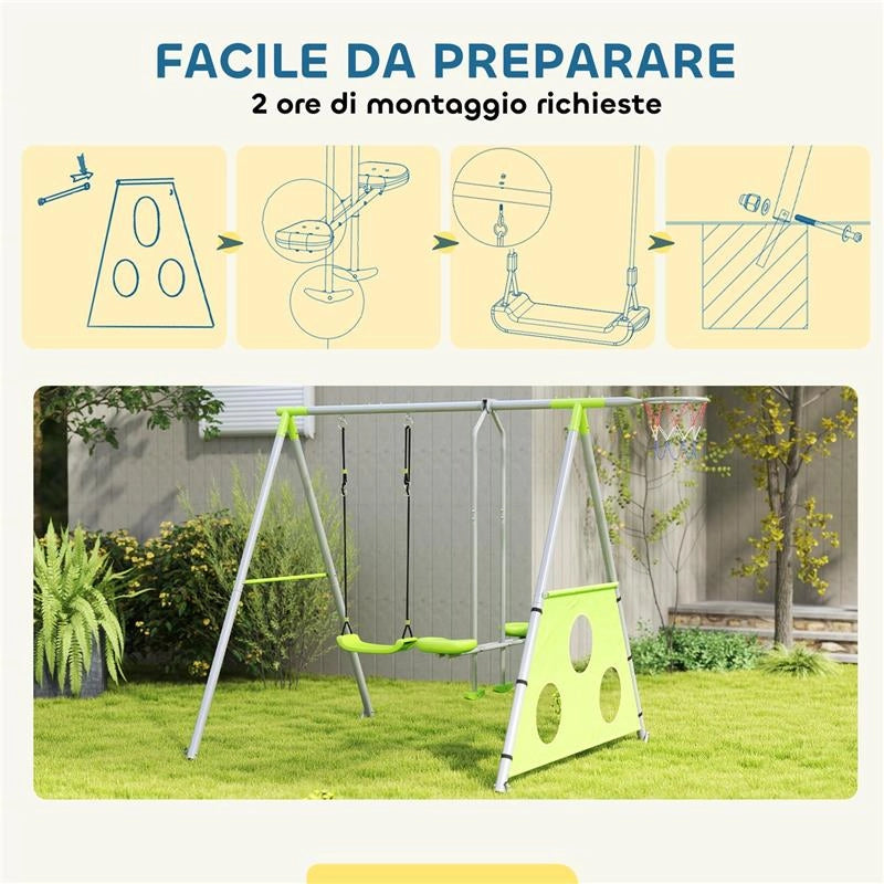GIOCO PER BAMBINI 4 IN 1 CON 2 ALTALENE DA GIARDINO CANESTRO E PORTA DA CALCIO 215X180X182 CM VERDE E GRIGIO