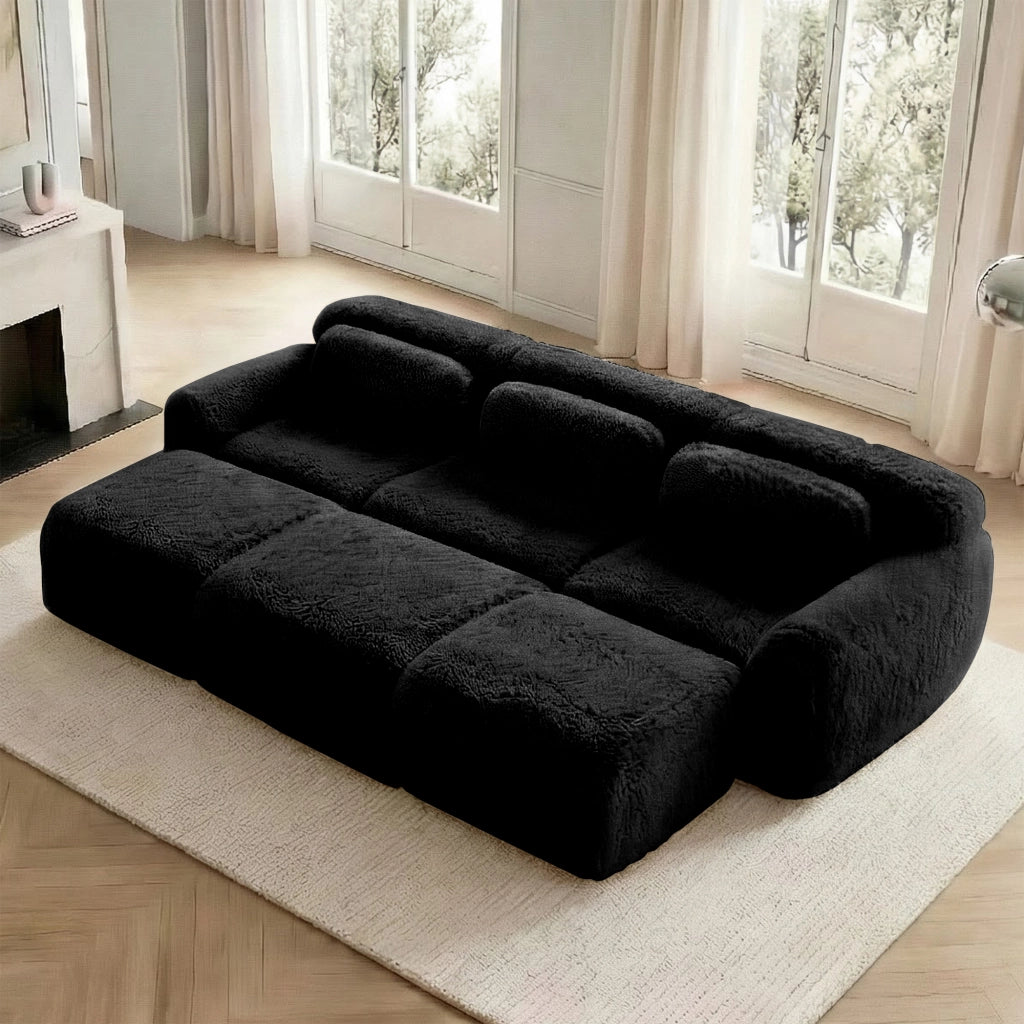 Divano Modulare 3 Posti con 3 Pouf; Senza Montaggio; Seduta Ampia Comfort Nuvola; in Peluche Nero