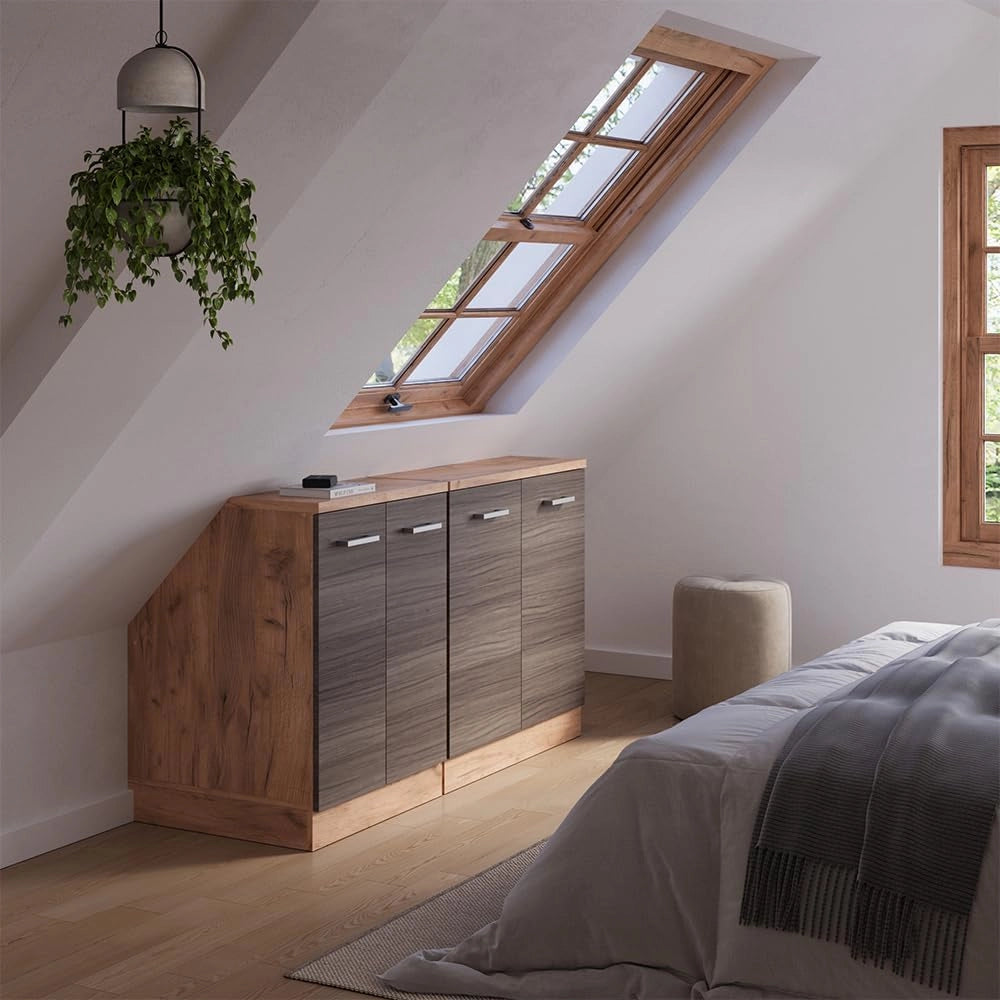 Set di mobili sottotetto Rion, Grigio nobile, 140 cm Set di 2 carcasse armadio profondità 60 cm, adatto per il salvaspazio sotto tetti spioventi