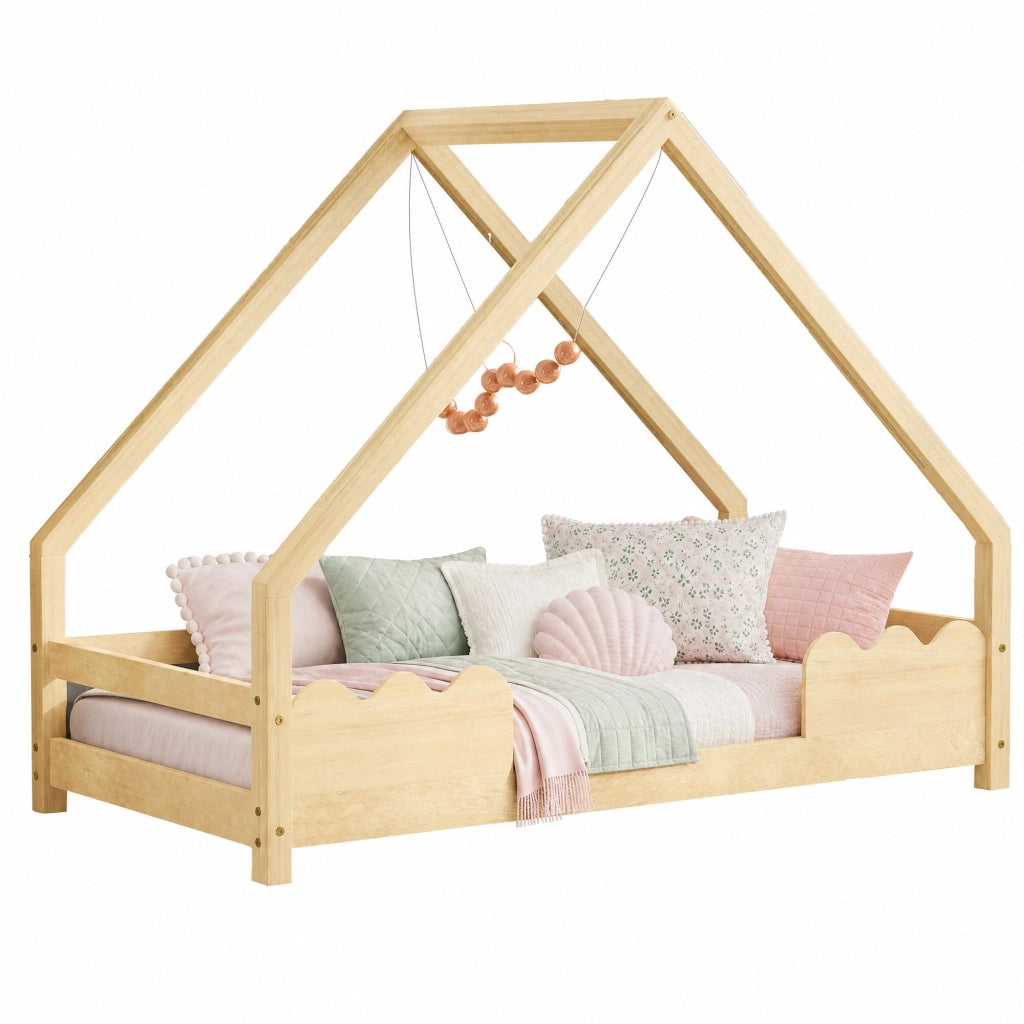 Letto con letto estraibile 90 × 200 cm con sponde ondulate e rete a doghe in legno di pino