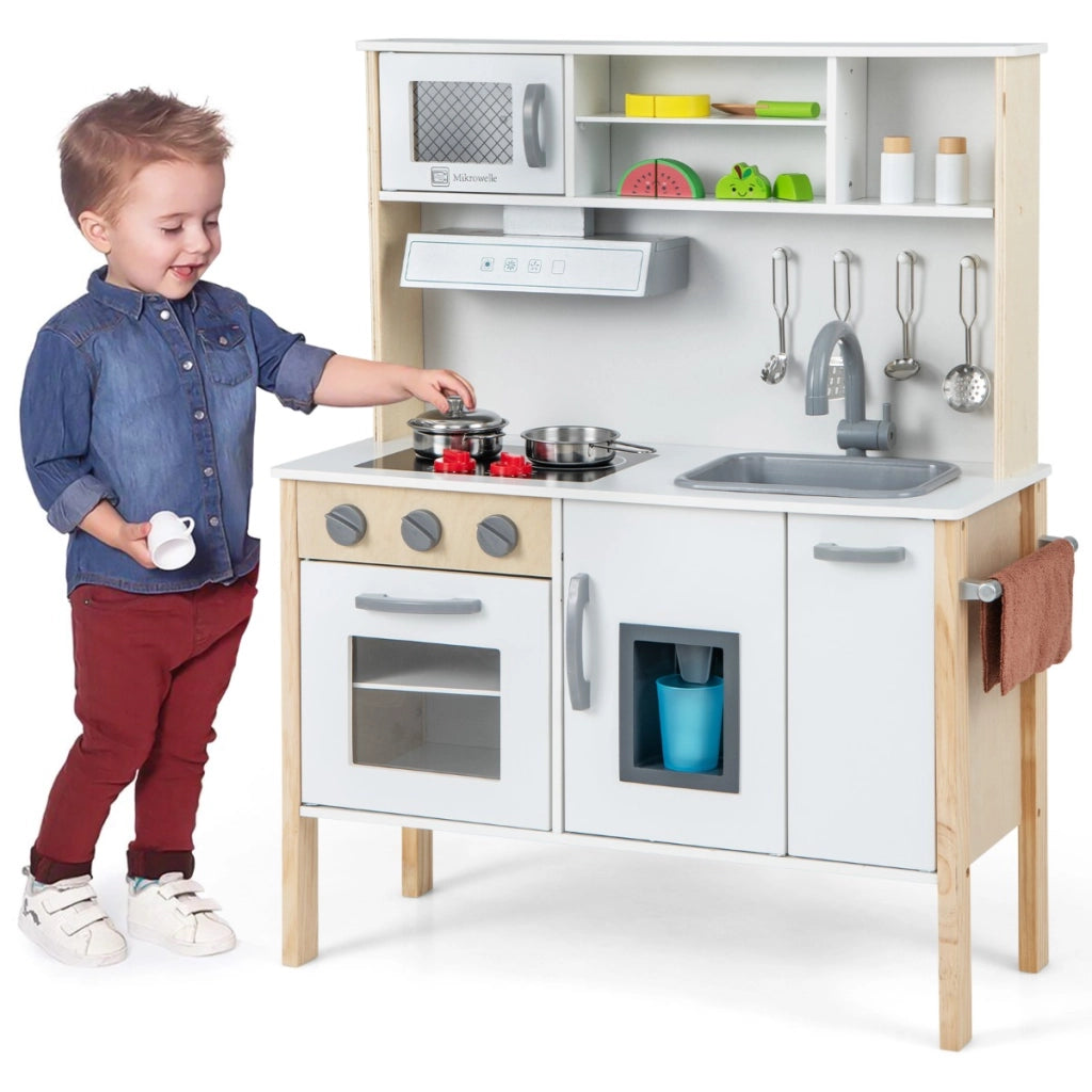 Cucina giocattolo per bambini in legno, Cucina da gioco con microonde cappa aspirante lavello giocattolo Bianco-Cucine giocattoli