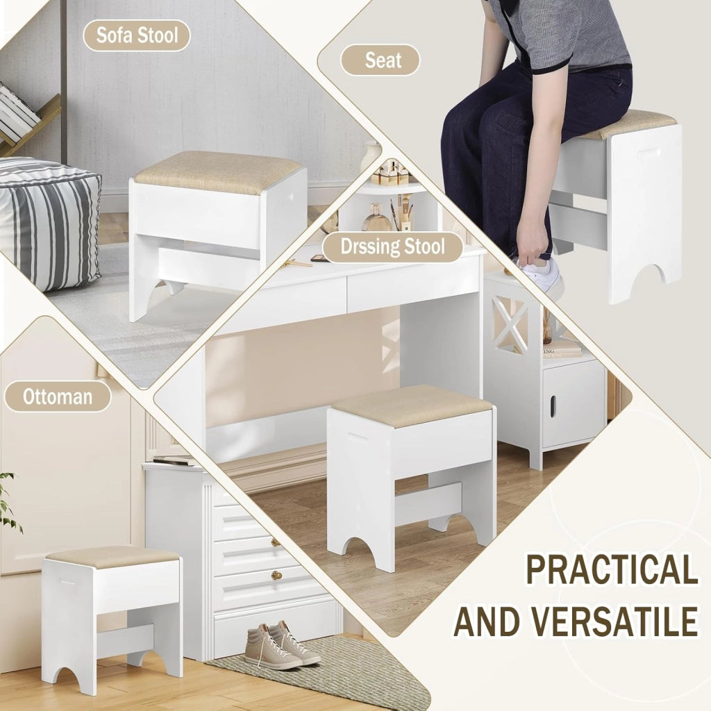 WOLTU Sgabello Per Toeletta da Trucco, Sedia da Make Up con Seduta Imbottita, 40x30x45cm, Sgabello per Camera da Letto, in Legno MDF e Lino, Bianco e Beige, MB6098be