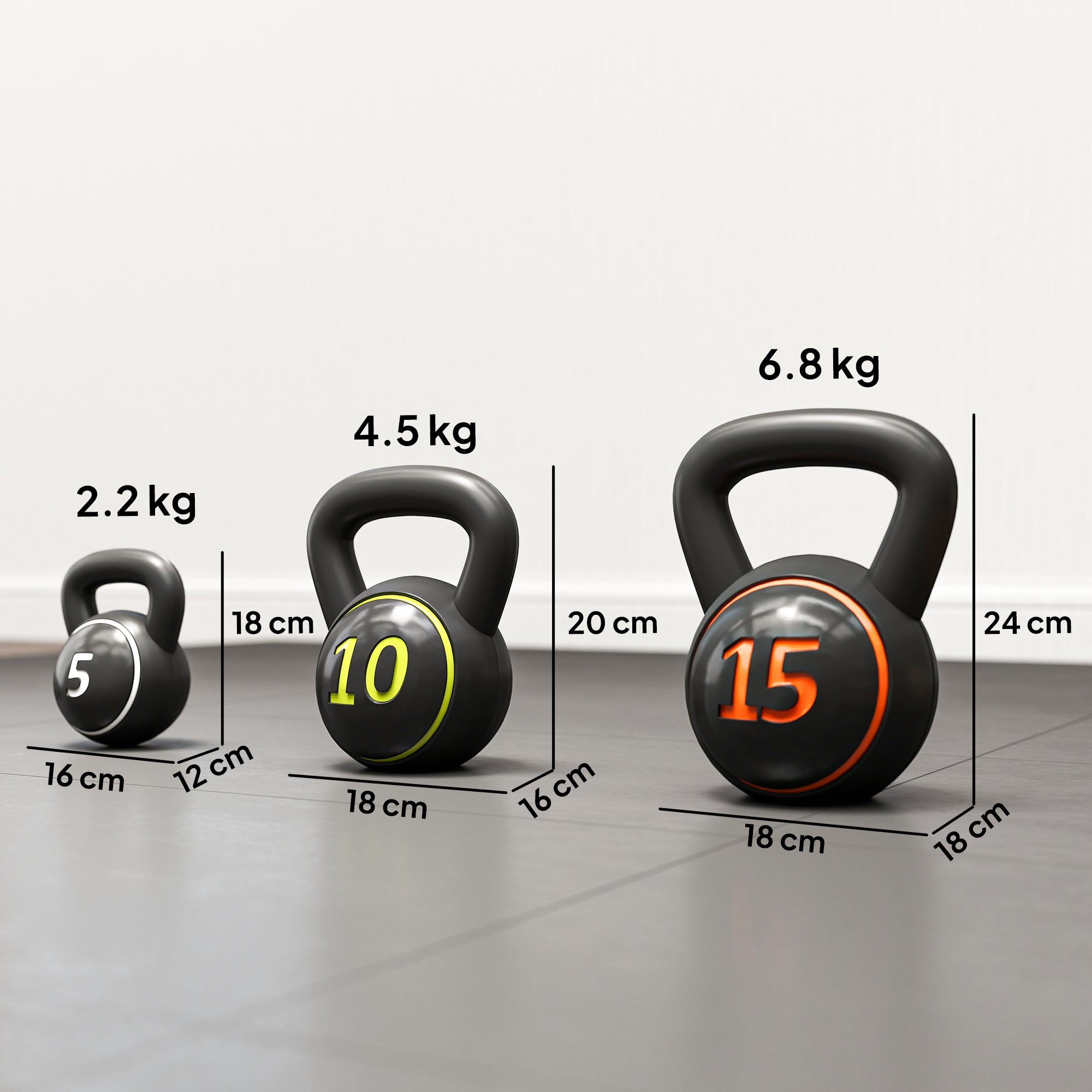 Set Kettlebell Palestra 2,2- 4,5-6,8 kg con Base e Supporto in Plastica Nero