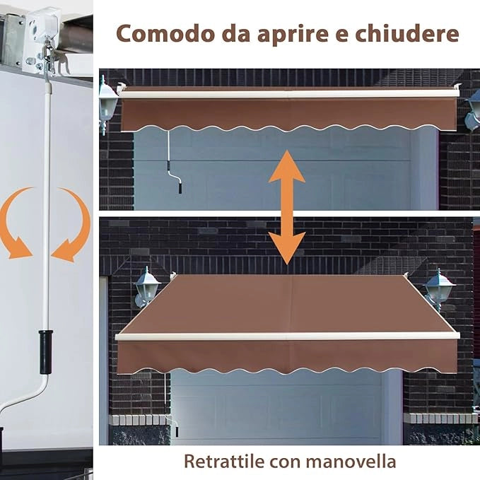 Tenda da Sole per Esterno Avvolgibile, Tenda da Sole a Bracci Estensibili con Telaio in Alluminio e Tettuccio Resistente al Sole e Impermeabile e Manovella (245 x 200 cm,Marrone)