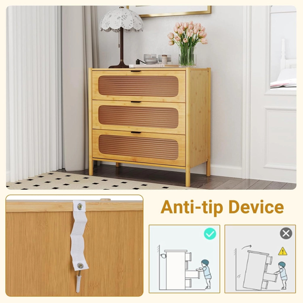 Cassettiera in bambù a 3 cassetti, comodino a 3 livelli con kit antiribaltamento e decorazione in vetro temperato, mobile portaoggetti in legno per camera da letto e soggiorno, naturale