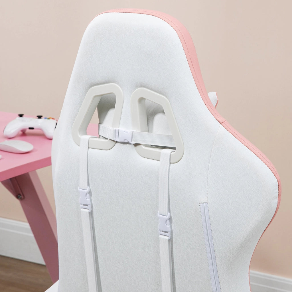 Sedia da Gaming con Altezza Regolabile e Schienale Reclinabile 135°, 65x65x121-129 cm, Bianco e Rosa