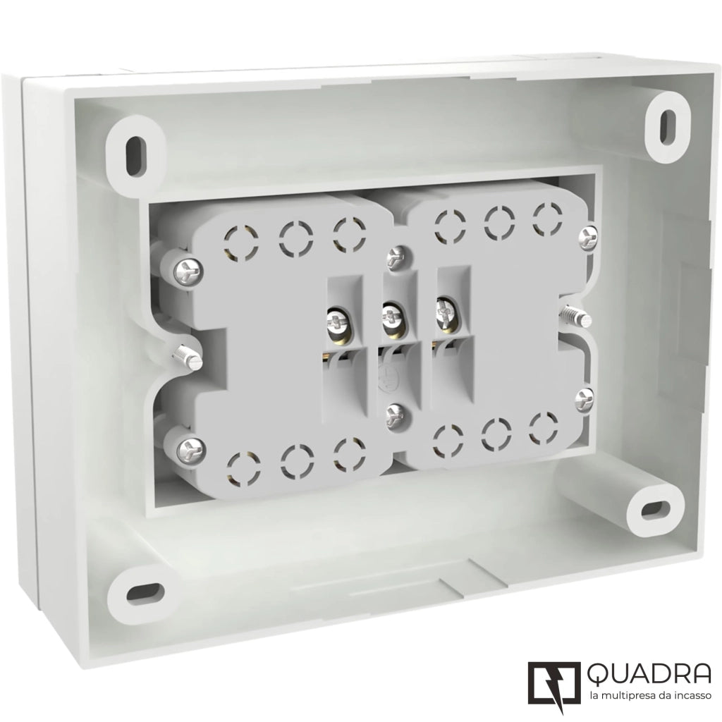 MULTIPRESA da parete ESTERNA  4 PRESE schuko bianca con scatola di supporto per installazioni superficiali, compatibile con tutte le scatole da incasso 3 posti (muratura o cartongesso)