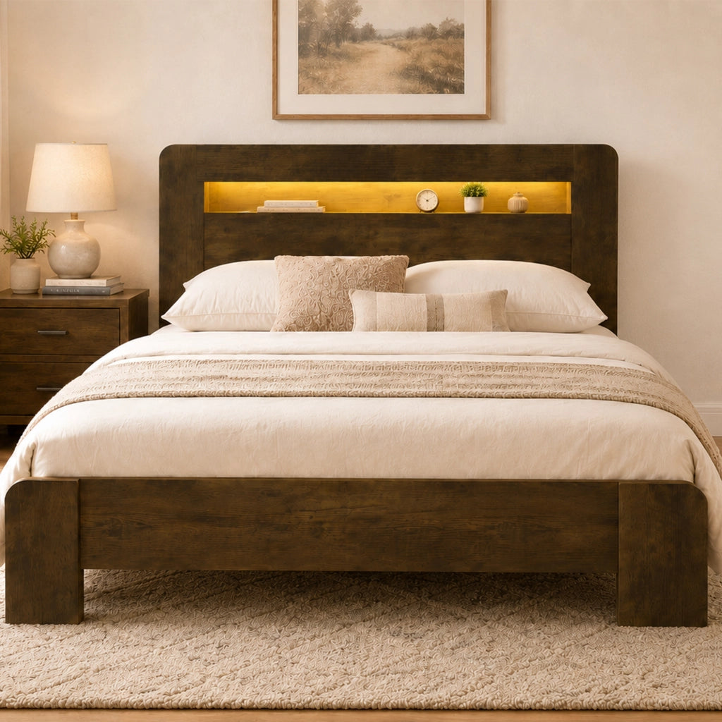 LETTO Piattaforma con testiera contenitore, LED e prese, 140x200 cm, Legno vintage