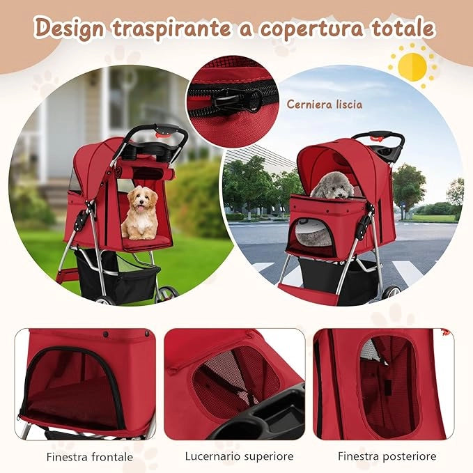Passeggino Animali Domestici Pieghevole, 2 in 1 Trasportino per Cani/Gatti, con Porta Doppio, Freno Posteriore, 4 Ruote Girevoli, Carrozzina Compatta (Nero, Singolo) (Rosso, Singolo)