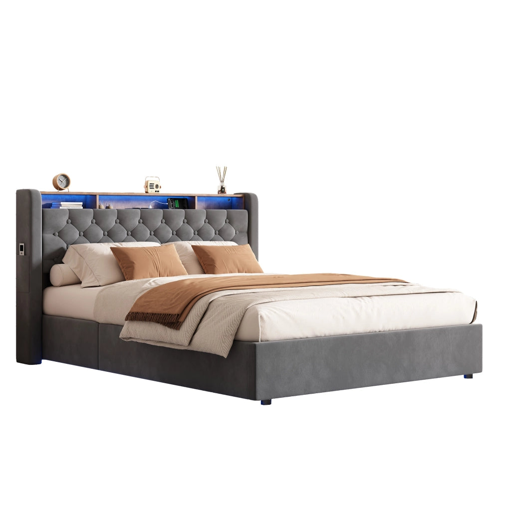 LETTO Imbottito 140 x 200 cm in Velluto Grigio con LED, USB e Contenitore