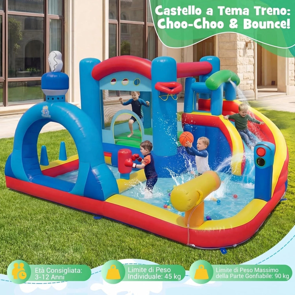 Castello Gonfiabile per Bambini, Casa Gonfiabile con Piscina, Cannone d'Acqua, Gioco con Anelli, Gioco a Bersaglio e Parete d'Arrampicata, Parco Acquatico da 3-12 Anni per Esterno