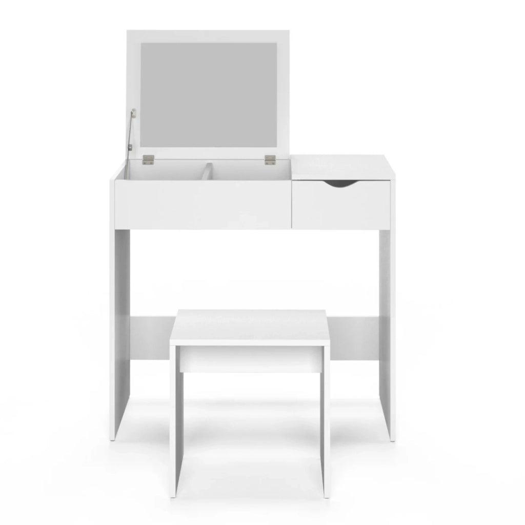 IDMarket - Mobiletto ZELIA con specchio pieghevole, 1 cassetti e 1 sgabello