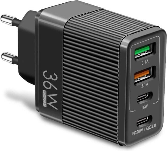 Caricatore Premium 4 Porte - 2 USB e 2 USB-C - Blocco Ricarica - PD+QC - 35 Watt - Ricaricatore Rapido - Per Telefoni e Altri Dispositivi - Nero
