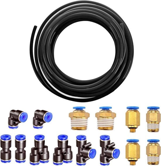 Slang flexibile 10 metri, esterno 6 mm, interno 4 mm, nero con 8 pezzi di connettore pneumatico 4 mm (forme Y/T/L/I) Air Push-snelkoppelingen.