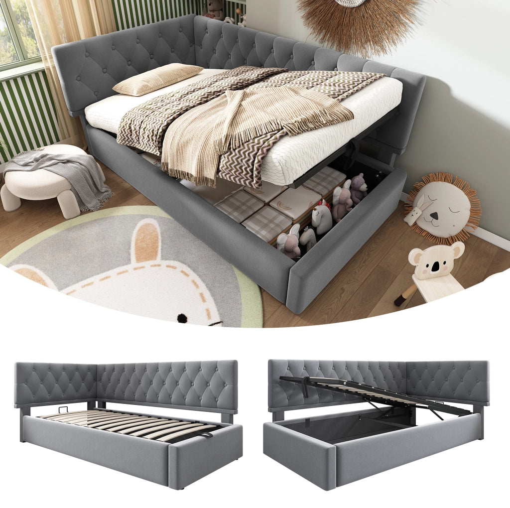 Letto imbottito singolo 90x200 cm in velluto grigio con contenitore idraulico e testiera reversibile