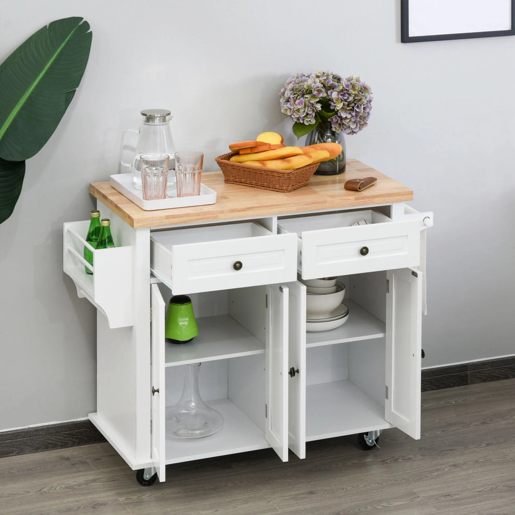 EasyComfort Carrello da Cucina con 2 Cassetti e 2 Armadietti, Isola da Cucina con Piano in Legno, Portaspezie e Porta Canovacci, Bianco