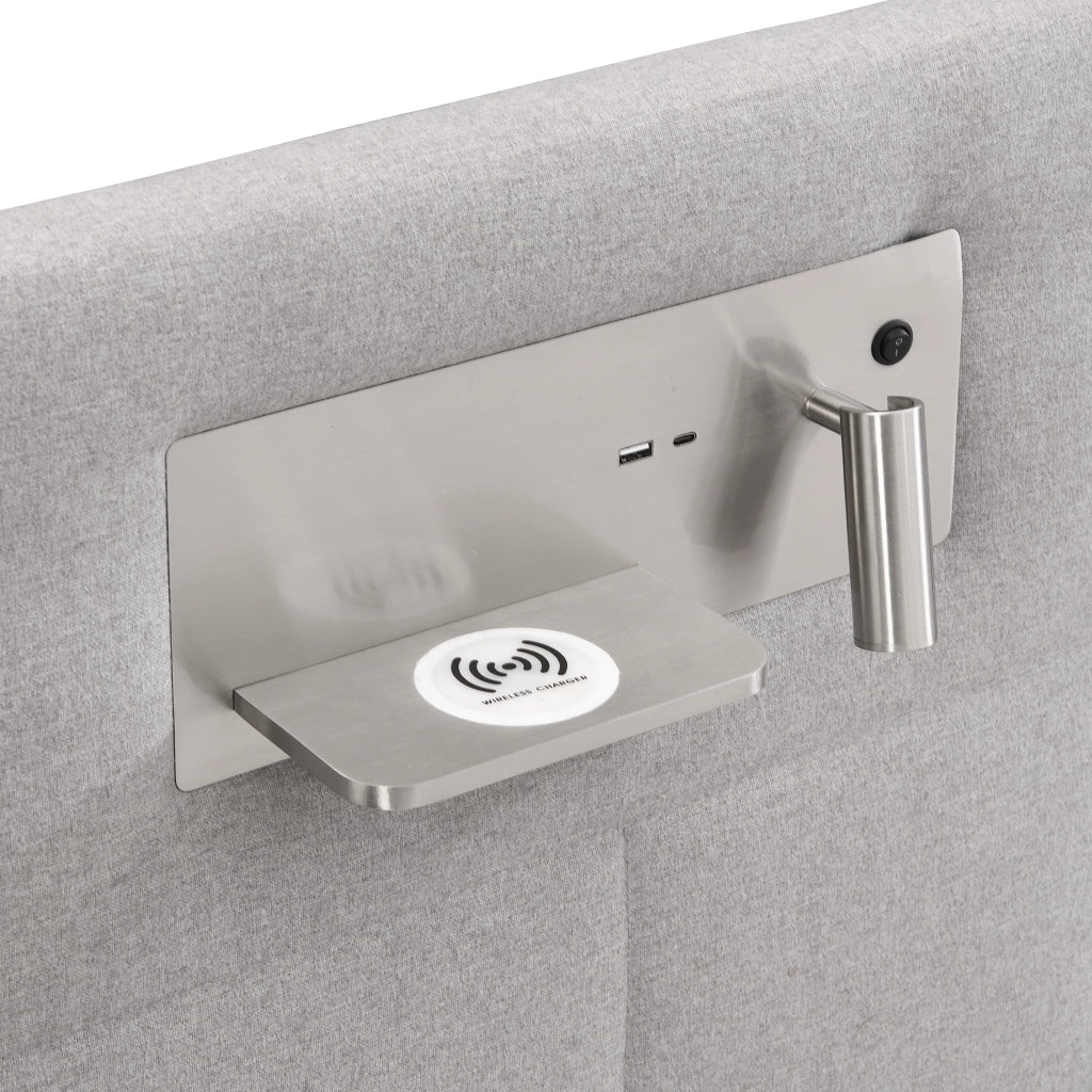 Letto matrimoniale imbottito 180x200 cm con sollevamento idraulico; USB; ricarica wireless e luce; grigio
