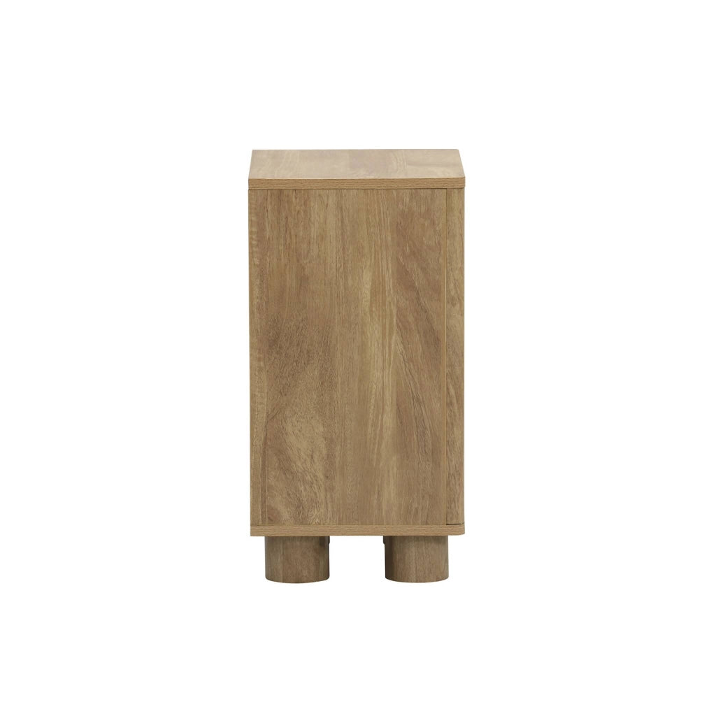 Comodino effetto legno di mango con 1 anta reversibile, effetto legno