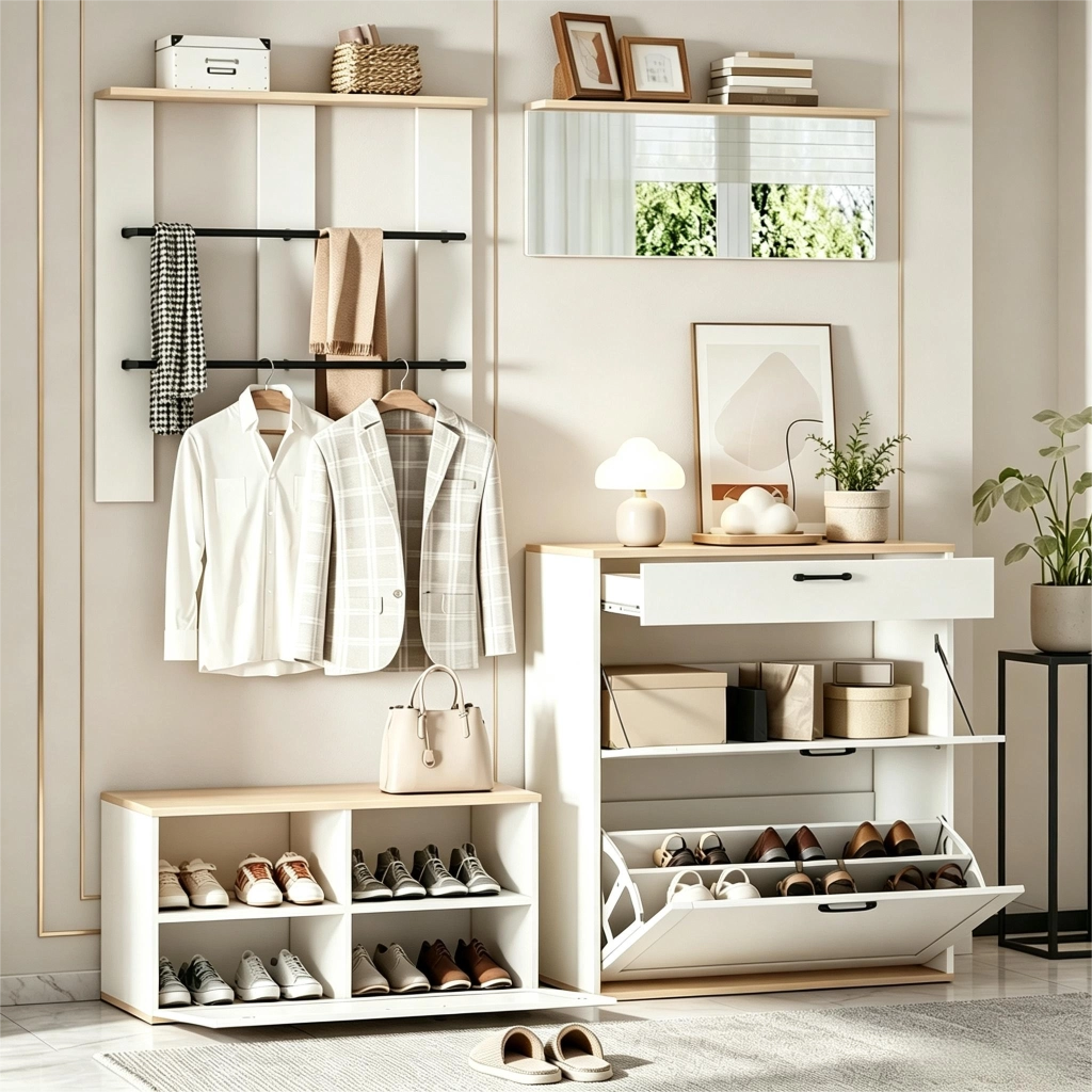 Mobili da ingresso modulari con scarpiera a ribalta, cassetto, specchio e appendiabiti per ingresso 156 × 36 × 176 cm
