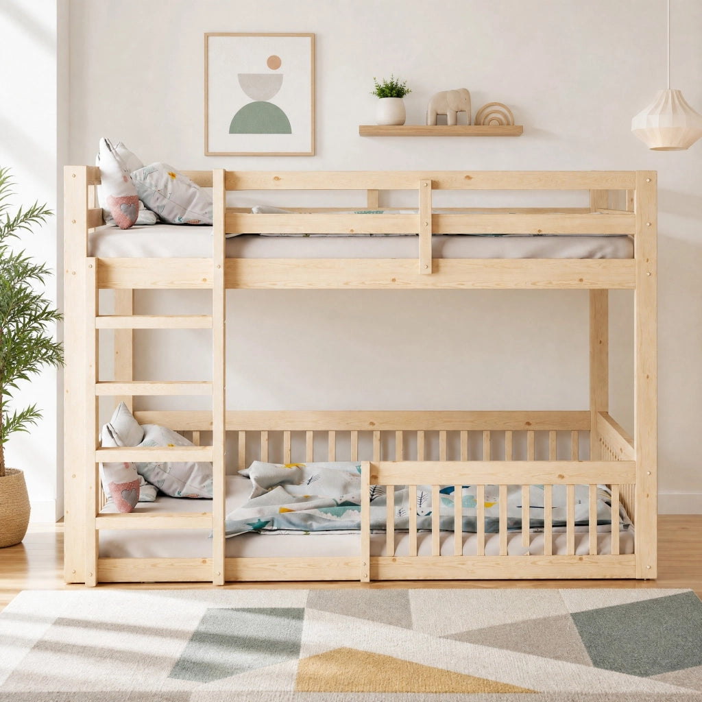 Letto a castello 160x200 cm con sponde; in legno di pino e MDF; colore naturale