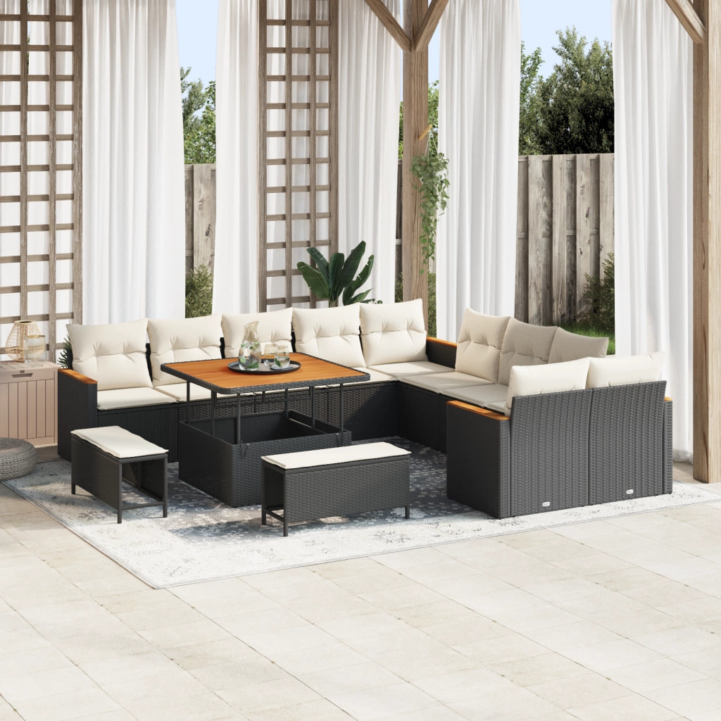 Set di Divani da Giardino da 13 Pezzi con Cuscini Nero Polyrattan Acacia