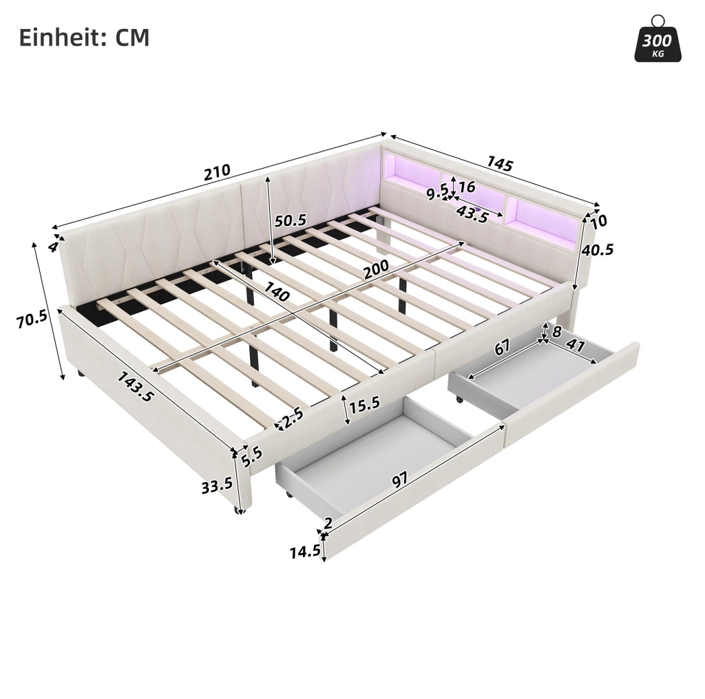 Letto a scomparsa con LED, cassetti e ricarica integrata
