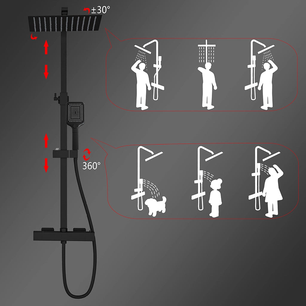 Grande soffione doccia 30x30cm con miscelatore termostatico e doccetta a 3 modi di getti, nero