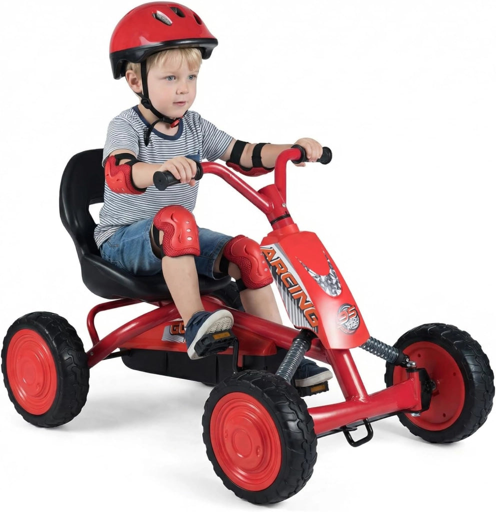 Go Kart a Pedali per Bambini, Veicolo a Pedali con Sedile Regolabile, 4 Ruote Resistenti, Macchina Elettrica per Bambini 3-8 Anni, Portata 30 kg (Rosso)