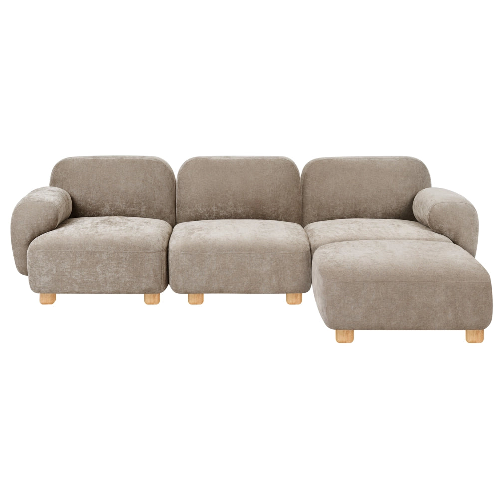 Divano modulare a 3 posti in tessuto con pouf tre elementi idrorepellente gambe in legno beige stile moderno
