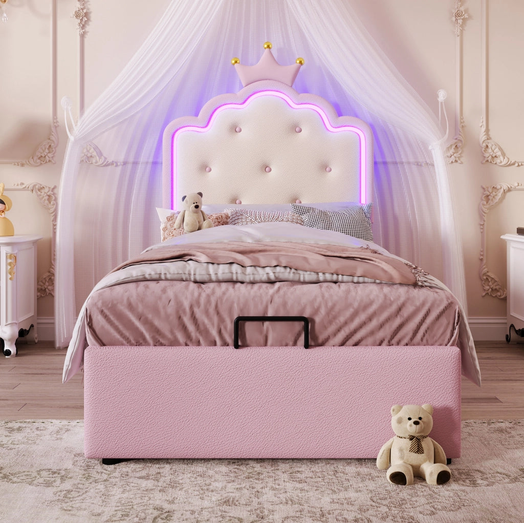 Letto per bambini imbottito 90x200 cm in PU e MDF con luce LED e contenitore; rosa