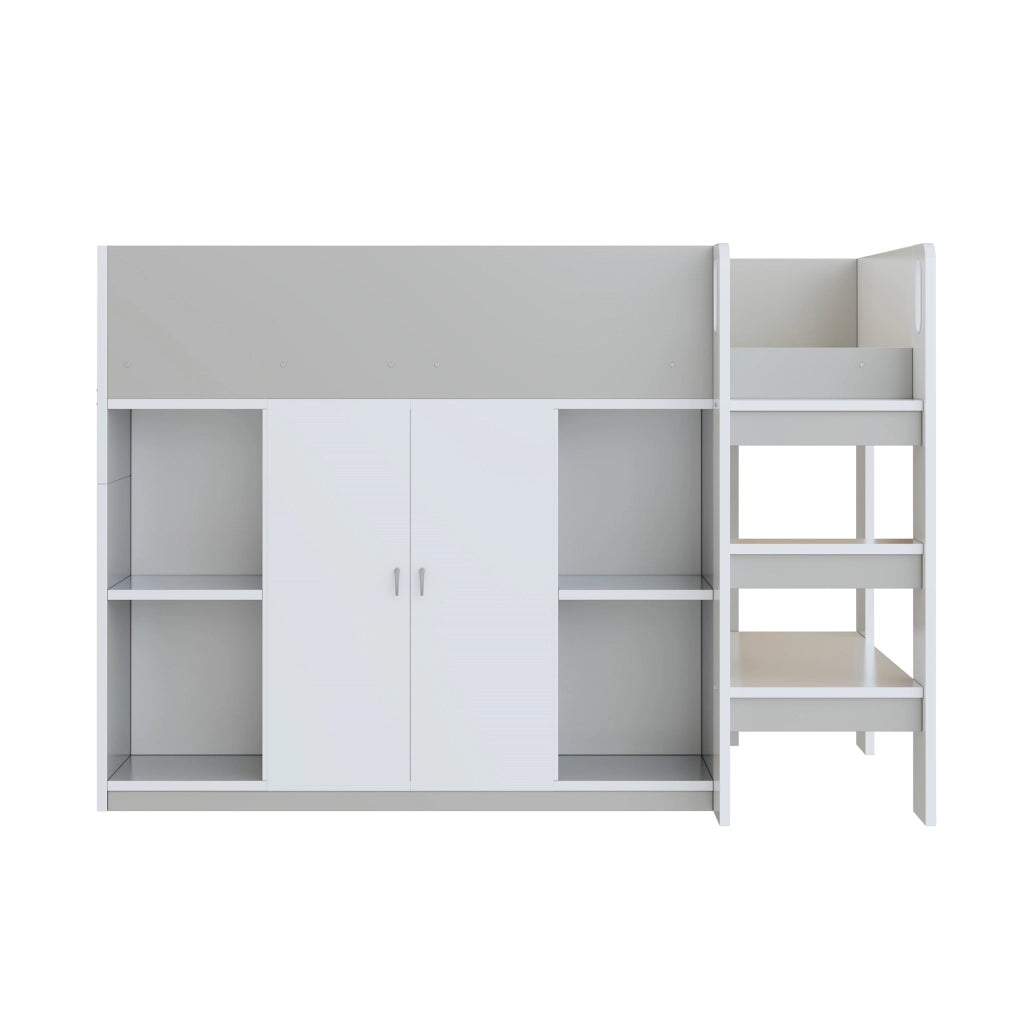 Letto a Soppalco Singolo con Armadio; Scaffali e Scala 90 x 200 cm; senza Materasso; in Legno; Grigio