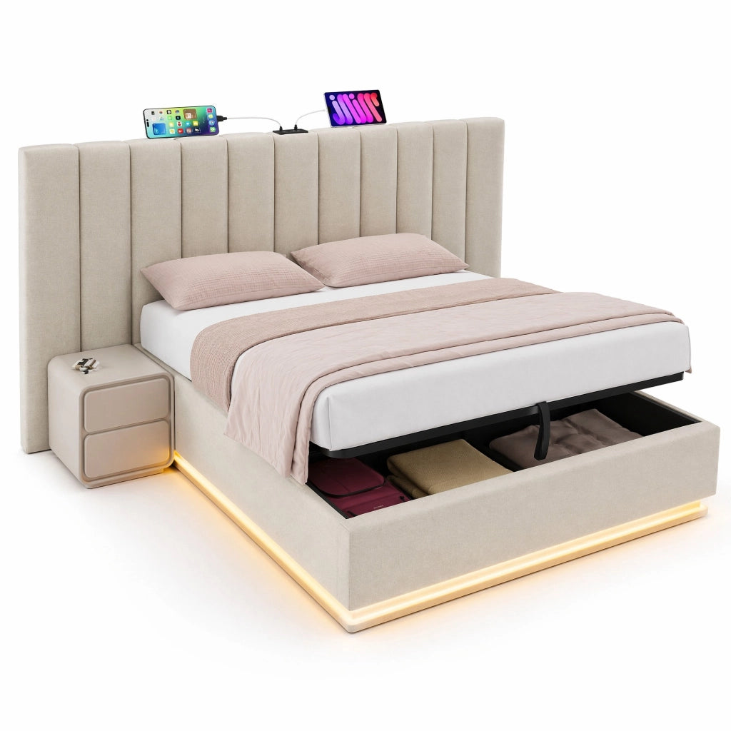 Letto matrimoniale 160x200 cm con contenitore; LED 360掳; ricarica USB e Type-C; lino beige