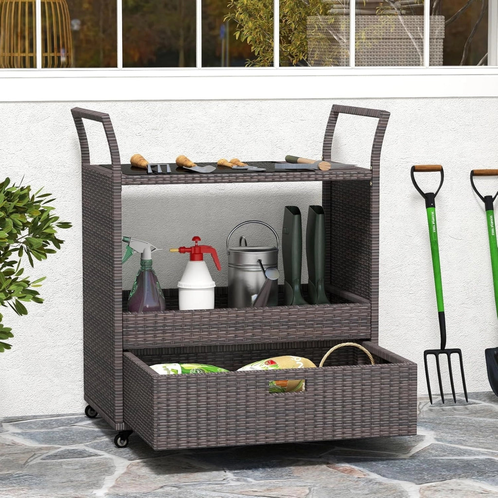 Carrello Bar in Rattan da Esterno, Tavolo Bar Mobile con Piano in Vetro Temperato, Ripiano Aperto e Cassetto Capiente, Carrello di Servizio per Patio Veranda Cortile e Giardino