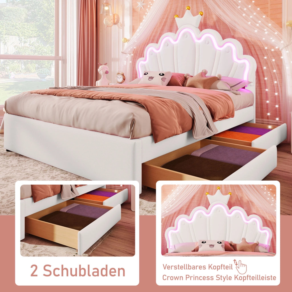 Letto imbottito 140 x 200 cm con LED, cassetti e testiera regolabile